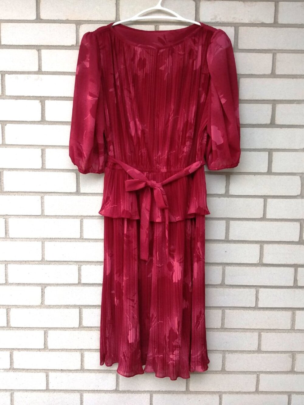 Vintage 80s Chiffon Dress Burgundy Peplum Size Medium Puffed Sleeves